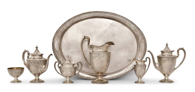 Gorham Sterling Silver Seven-Piece Tea & Coffee Service: Gorham Mfg. Co.Seven-Piece Tea & Coffee Service20th centurysterling silvermarked &quot;Gorham, (lion-anchor-G), Sterling&quot;12 1/2 x 8 3/4 x 5 1/2 inches (pitcher)25 1/2 x 18 3/4 inches (tray)224.58