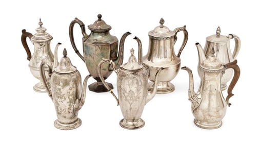 Lot of Seven Sterling Silver Teapots & Coffee Pots