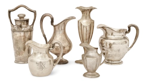 Lot of Sterling Silver Pieces, 4 Pitchers, Cocktail Shaker & Vase