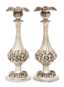 Pair of Tiffany & Co. Sterling Silver Repousse Floral Candlesticks