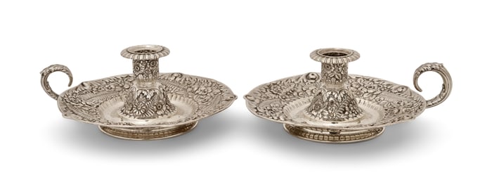 Pair of Tiffany & Co. Sterling Silver Repousse Chambersticks