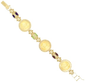 14K Yellow Gold Liberty Coin & Gemstone Link Bracelet