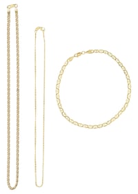 Two Yellow Gold Necklace Chains & One Bracelet