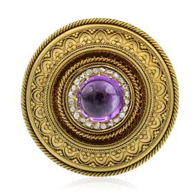14K Yellow Gold, Diamond & Amethyst Victorian Brooch/Pendant