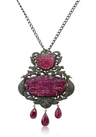 12K Yellow Gold, Sterling Silver, Diamond & Rubellite Necklace