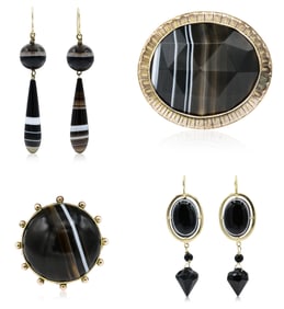 Group of Yellow Gold & Banded Agate Jewelry