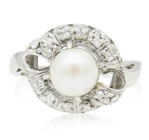 14K White Gold, Pearl & Diamond Ring