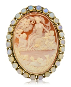 14K Yellow Gold & Water Opal Cameo Brooch/Pendant