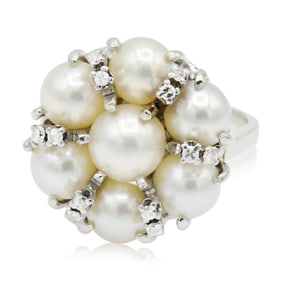 14K White Gold, Pearl & Diamond Ring