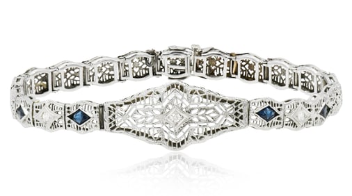 14K White Gold, Diamond & Sapphire Edwardian Bracelet