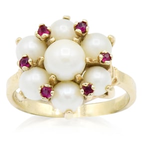 14K Yellow Gold, Pearl & Ruby Ring