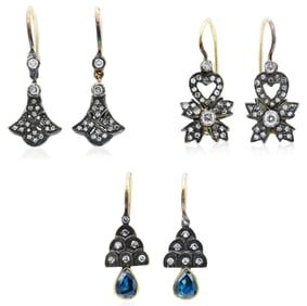 Three Pairs of 12K Yellow Gold, Sterling Silver & Diamond Earrings