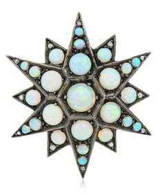 12K Yellow Gold, Sterling Silver, Opal & Diamond Brooch/Pendant