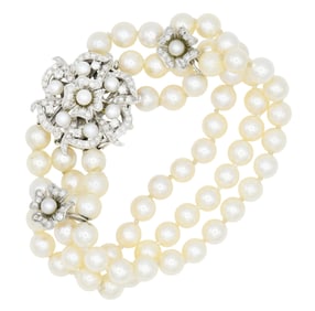 10K White Gold, Diamond & Pearl Bracelet