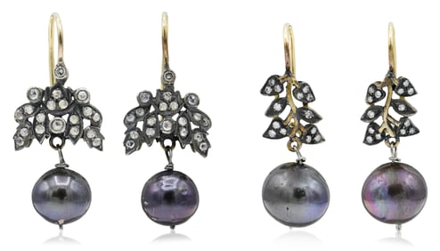 Two Pairs of 12K Yellow Gold, Sterling Silver, Diamond & Tahitian Pearl Earrings