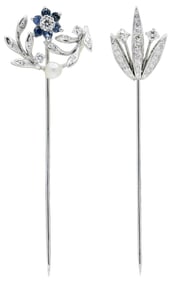 Two 14K White Gold & Diamond Stick Pins