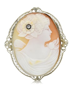 14K Yellow Gold & Diamond Cameo Brooch/Pendant