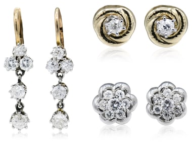 Three Pairs of Gold & Diamond Earrings