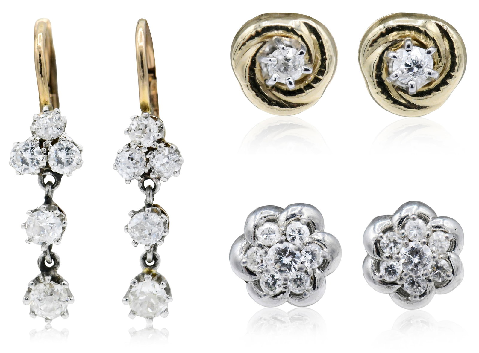 Three Pairs of Gold & Diamond Earrings: Three Pairs of Gold & Diamond Earrings • 14K white gold earrings set with round brilliant diamonds weighing a total of 0.30 carats, 1/4 inch (diameter) • 14K yellow and white gold dangle e