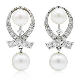 10K White Gold, Diamond & Pearl Earrings