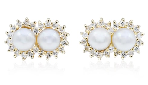 14K Yellow Gold, Pearl & Diamond Earrings