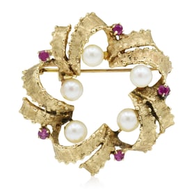 10K Yellow Gold, Pearl & Ruby Brooch