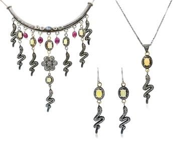 Sterling Silver, Opal, Citrine, Ruby & Diamond Jewelry Set