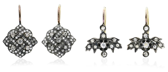 Two Pairs of 12K Yellow Gold, Sterling Silver & Diamond Earrings