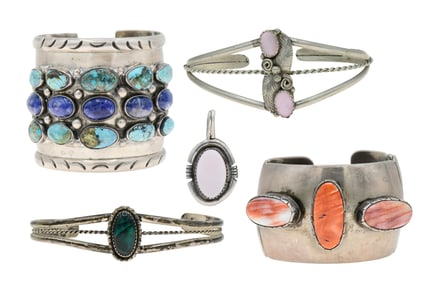 Lot of Four Sterling Silver Cuff Bracelets & One Pendant