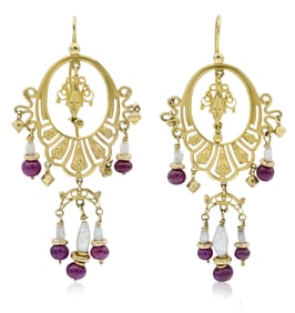14K Yellow Gold, Ruby & Baroque Pearl Earrings
