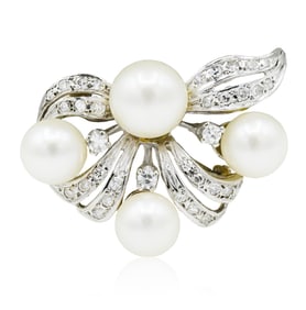 10K White Gold, Diamond & Pearl Brooch