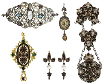 Group of Austro Hungarian & Victorian Gemstone Jewelry & Belt Buckle