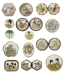 Group of Painted Satsuma Buttons, Belt Buckles & Brooches