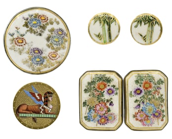 Egyptian Button, Satsuma Brooch, Satsuma Belt Buckle & Earrings