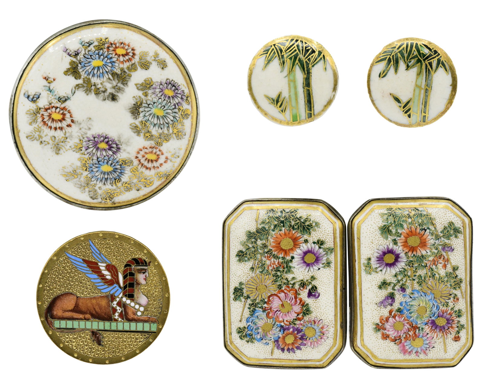 Egyptian Button, Satsuma Brooch, Satsuma Belt Buckle & Earrings: Egyptian Button, Satsuma Brooch, Satsuma Belt Buckle & Earrings • 1 7/8 inches (brooch diameter) • 120.3 grams (total lot weight) Other Notes: Fontaine's Auction Gallery can arrange shipping