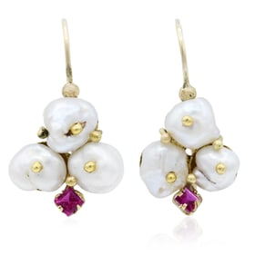 10K Yellow Gold, Ruby & Baroque Pearl Earrings