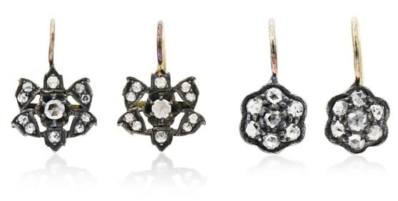 Two Pairs 12K Yellow Gold, Sterling Silver & Diamond Earrings