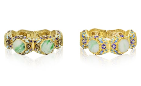 Two Gold Vermeil, Enamel & Jade Bracelets