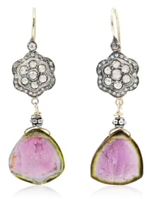 12K Yellow Gold, Sterling Silver, Sliced Tourmaline & Diamond Earrings