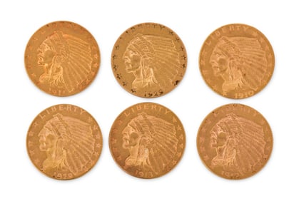 Six American Indian Head $2.5 Gold Coins, 1929, 1912, 1913, 1929, 1911 & 1910