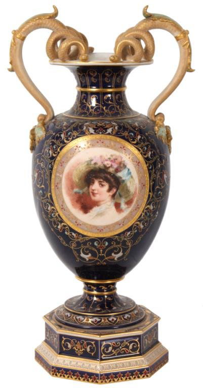 KPM Cobalt & Enamel Vase: KPM Cobalt & Enamel Vase. Large porcelain cobalt vase, hand painted on the front with a portrait of a woman, surrounded in swirling gilt filigree decoration, embellished with red and blue enameling. H