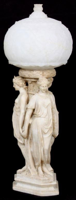Figural Carved Italian Alabaster Lamp: Figural Carved Italian Alabaster Lamp. 3 cream colored alabaster female figures standing around the lamp post, back to back and holding hands; the figures are robed with one having an exposed bust. Wh