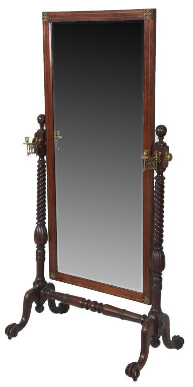 Chippendale Style Mahogany Carved Cheval Mirror: Chippendale Style Mahogany Carved Cheval Mirror. Beveled mirror with brass inlays and rosettes on the corners, has spiral turned support arms with turned finials, brass hardware and accordion candle a