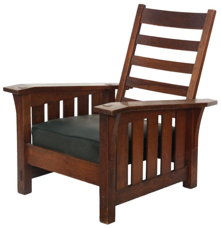Gustav Stickley Drop Arm Morris Chair: Gustav Stickley No. 369 Drop Arm Morris Chair. Pegged through exposed tenon construction, legs exposed through the angled arms, curved corbels under the arms, 5 vertical slat sides, curved ladder back