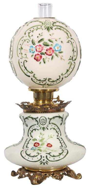 Gone With The Wind Lamp: Gone With The Wind Lamp. 10 in. dia. opal glass globe with relief molded design, has colorful blue and pink flowers within green panels, all on a white background. Brass fittings and hardware, electri