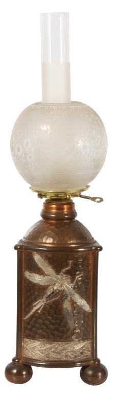 Pairpoint Lamp W/ Etched Globe & Chimney: Pairpoint Lamp W/ Etched Globe & Chimney. 3 sided lamp base has a hammered textured copper finish with turned columns at the corners and large round feet. The panels have silver overlaid designs with 