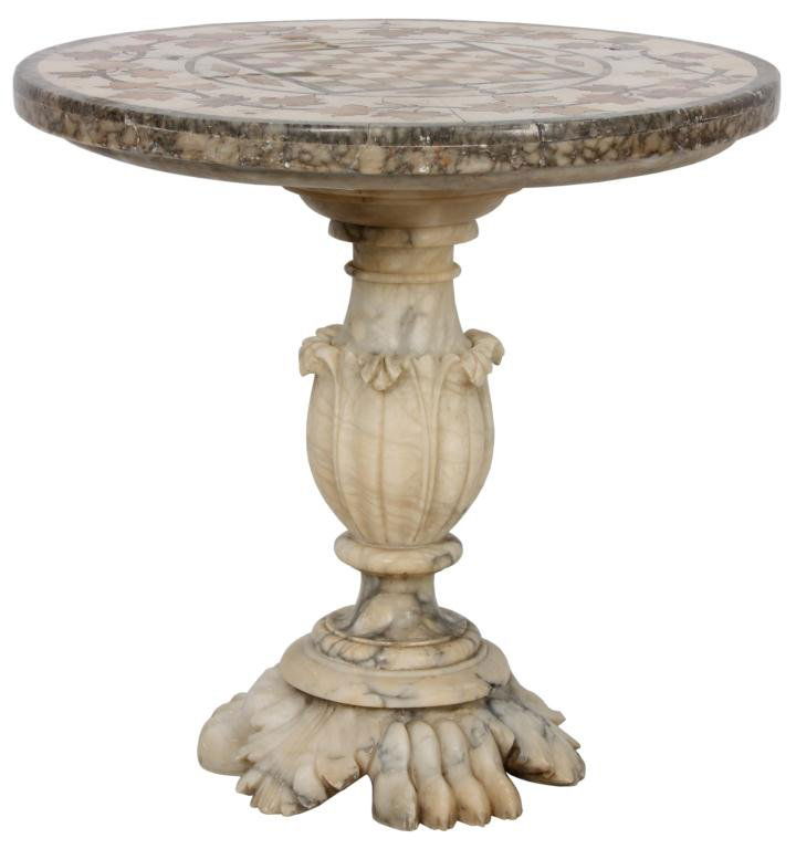 Pietre Dure Alabaster Game Table: Pietre Dure Alabaster Game Table. 25 in. diameter top, inlaid with a colorful alabaster grapevine border and a chess and checkers game board in the center. The white alabaster base has nice gray stria