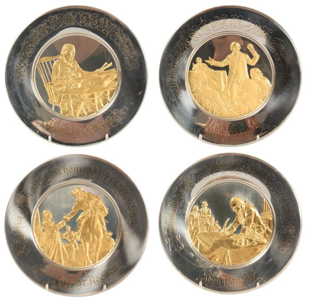 4 Franklin Mint Sterling Silver Plates: 4 Franklin Mint Sterling Silver Plates. Historical plates with / 24k gold overlay & inlay; 8 in. diameter, set includes; John Hancock – We Mutually Pledge… Our Lives… Our Fortune… Our Sacred H
