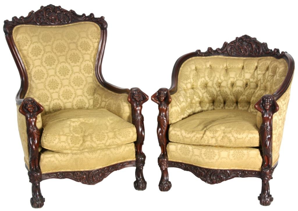 2 Karpen Mahogany Parlor Chairs: 2 Karpen Mahogany Parlor Chairs. one with a high back and one with a low back, both have swirling filigree carved in the crest, serpentine backs continuing through the arms with figural nouveau maiden