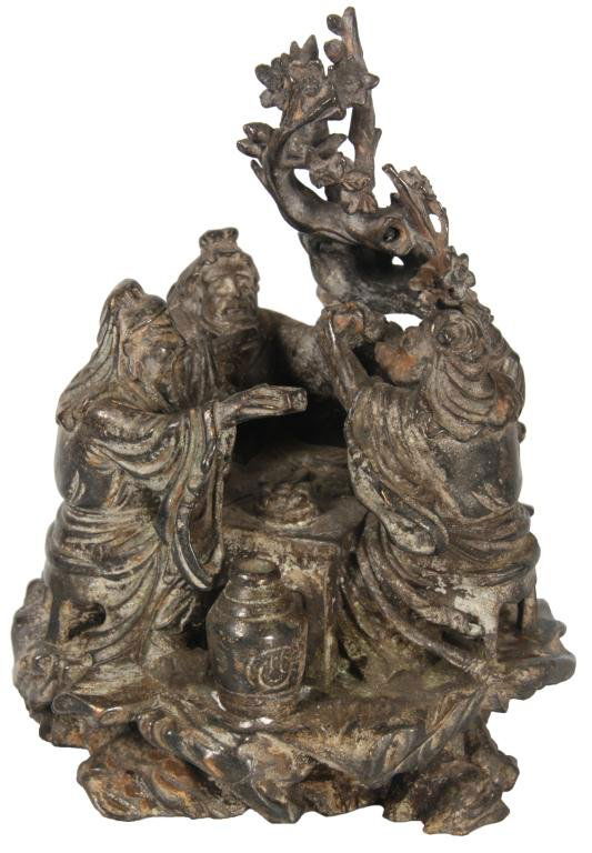 Chinese Figural Bronze Grouping: Chinese Figural Bronze Grouping. Wonderful scene with 3 figural Chinaman seated at a table sharing tea, on the floor beside them is a covered urn and behind them is a cherry blossom tree. Unsigned, in